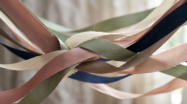 Close-up of colorful intertwined fabric strips creating a textured abstract composition