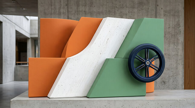 Colorful modern architectural structure with geometric design and a prominent wheel element in an urban environment