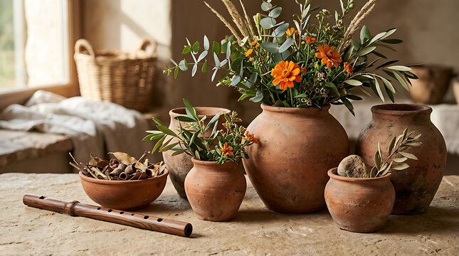 Elegant collection of rustic clay vases with vibrant flower arrangements and natural decorative elements in a cozy indoor setting