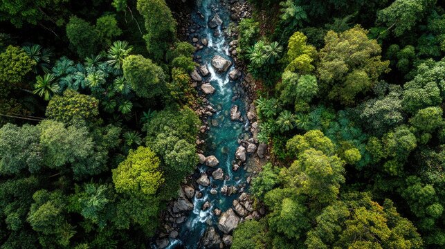 top down view of green forest with water stream, clean ecosystem concept 