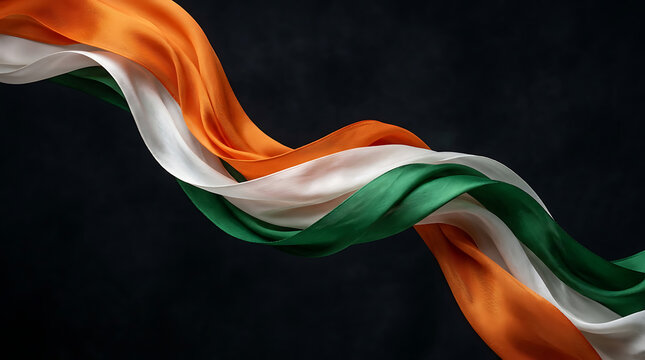 Dynamic flowing Indian flag representation with vibrant colors and realistic fabric texture against a dark background