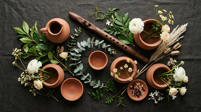 Artistic floral arrangement with ceramic pots and natural greenery for botanical decor composition