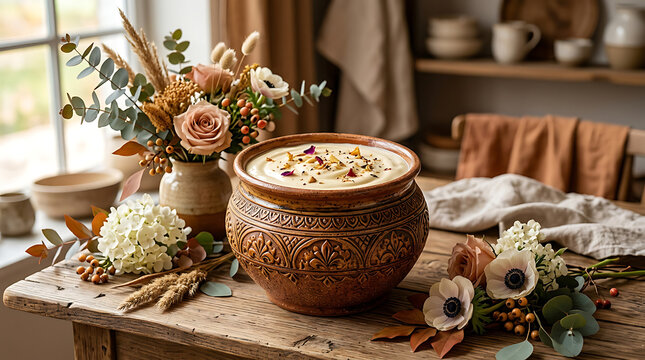 Elegant floral arrangement featuring a traditional clay pot filled with a creamy dessert surrounded by fresh flowers and rustic