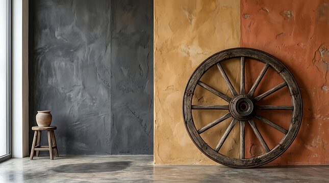 Rustic wooden wheel leaning against a vibrant textured wall with a small stool nearby capturing an earthy aesthetic