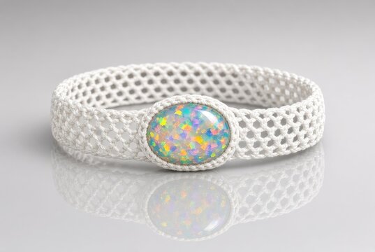 Bracciale intrecciato in macram&egrave; bianco con gemma opale, riflesso su sfondo chiaro