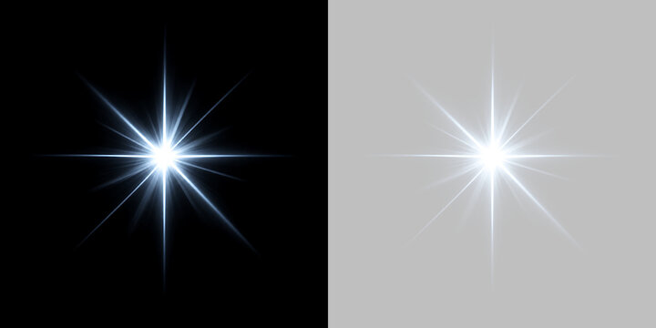 Sparkling blue lens flare with radiant starburst rays. Glowing white starlight effect isolated on transparent and black background. Optical beam for graphic design