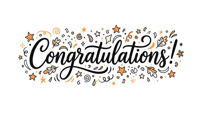 Congratulations calligraphy text design isolated on black background, hand-lettered typographic greeting card framed with golden star sparkles, festive confetti, and flourish swirls
