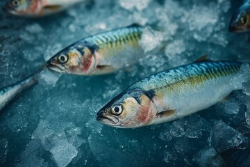 Fototapeta premium Fresh fish on ice for sale at market. Seafood, food, and freshness concept.