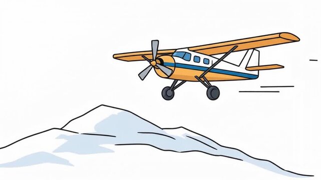 Small Propeller Airplane Flying Over Snow Covered Mountain Peak, Utility Bush Plane in Flight, Scenic Travel Adventure Concept