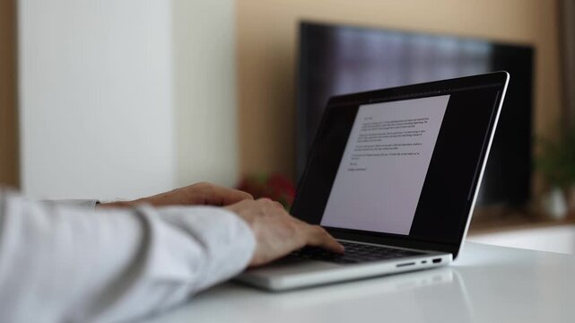Man opens laptop and typing on keyboard at home office. Middle level view.