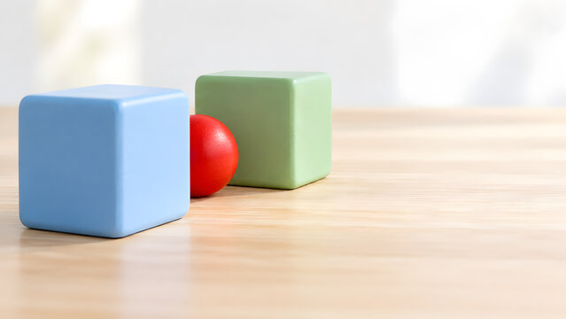 Red geometric toy partially hidden behind pastel blocks for an observation puzzle