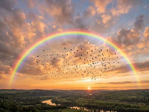 A vibrant double rainbow arching over flying birds and rolling green hills during a golden sunset.