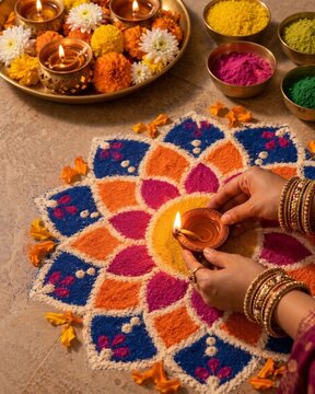Diwali rangoli with diya lamps