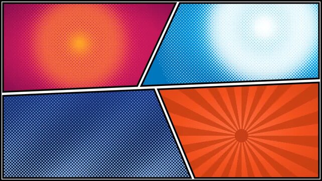 Comic book page template with blank colorful panels and halftone pop art background textures