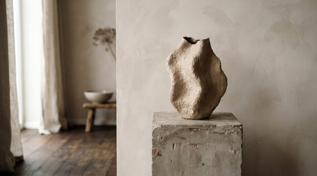 beige paper mache organic sculptural vase on concrete pedestal