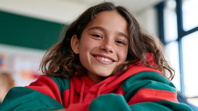 Young girl in a school uniform smiling at camera.