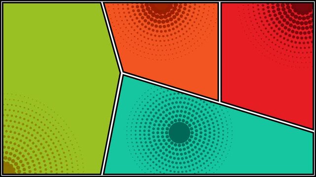 Colorful blank comic book page template with halftone dots pop art style panels for storyboard