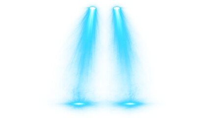 Dwa niebieskie reflektory sceniczne rzucające pionowe snopy światła, błękitne oświetlenie punktowe z efektem poświaty na przezroczystym tle PNG do nowoczesnych projektów grafiki © Sofia