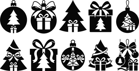 Fototapeta premium Christmas gift and tree silhouette collection featuring pine trees, wrapped presents, decorative bows, ornaments, and festive holiday designs