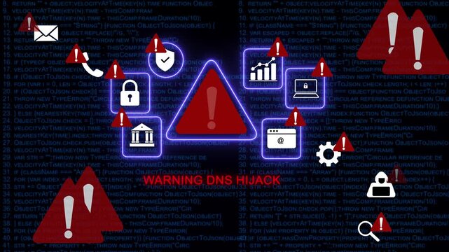 Critical dns hijack warning alert displayed over digital source code background, with cyber security, red warning triangles, and malicious hacker, activity symbols for, network threat protection