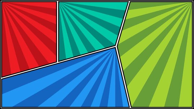 Comic book page template with colorful sunburst backgrounds in blank panels