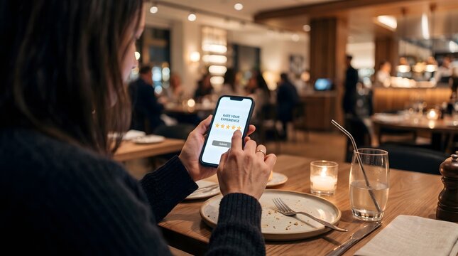 Guest leaving five star rating on smartphone at a restaurant