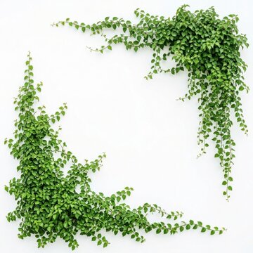 Creeping fig vines forming a natural corner frame isolated on white background