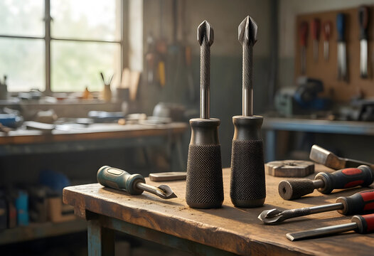 Craftsmanship and manual labor, metal countersink drill bits standing on a wooden workbench in a workshop with various hand tools for home improvement