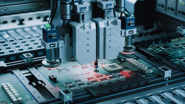 Macro Shot of Smt Nozzle Heads and Vision Cameras Soldering Tiny Components Onto a Printed Circuit Board on an Automated Electronics Assembly Line. Precision Surface Mount Technology at Work