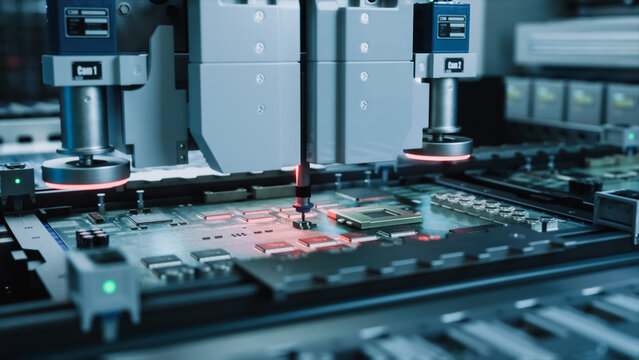 Dual Vision Cameras and a Glowing Nozzle Position a Tiny Surface Mount Component Onto a Motherboard Inside a Robotic Pick and Place Machine at an Electronics Fabrication Cleanroom Facility