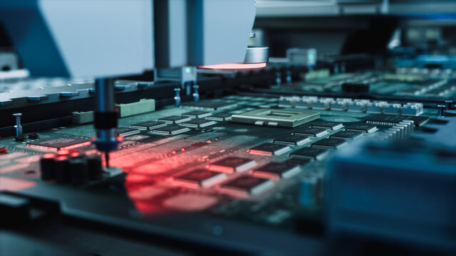 Crimson Illuminated Ring Light Glides Over a Populated Mainboard While a Precision Nozzle and Probe Scan Soldered Chips, Capacitors and Sockets Inside an Automated Electronics Assembly Machine