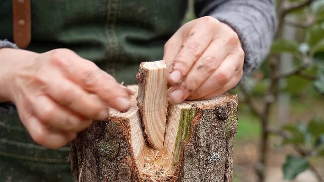 Woman grafting tree branch onto cut stump. Hands inserting wooden scion into split trunk.