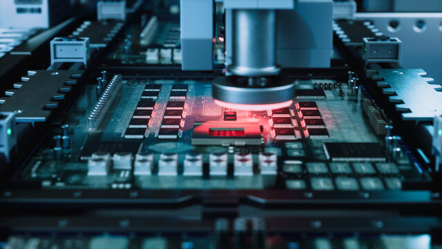 Pick and Place Head With Glowing Red Laser Ring Lowers Onto a Printed Circuit Board Lined With Microchips and Capacitors, Macro View of Automated Semiconductor Assembly in a Modern Plant