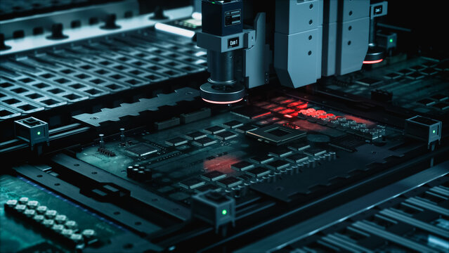 Optical Inspection Camera Labeled Cam 1 Hovers Above a Motherboard While Red Scanning Beams Sweep Solder Joints, Integrated Circuits and Contact Pins Inside an Automated Electronics Factory