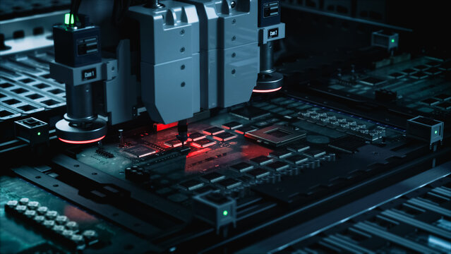 Precision Smt Placement Machine Positions a Microchip on a Green Circuit Board Bathed in Crimson Laser Glow, Close up of Robotic Nozzles and Vision Sensors Working Inside a Dark High Tech Fab