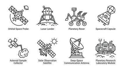 Space Exploration Icons: A collection of stylized line art icons depicts various celestial objects and spacecraft, including an orbital probe, lunar lander, planetary rover, and communication antenna. © Mohammad