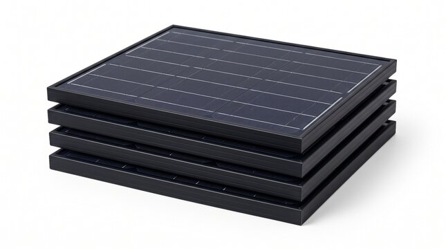 Stack of four photovoltaic solar panels with black frames on a white background