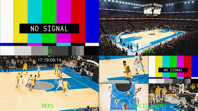 Basketball Championship Tv Broadcast Multiview Interface: Live Arena Wide Shot, Replay Feed With Timecode, Overhead Hoop Angle, Bench Reaction Camera and Smpte Color Bar No Signal Test Screens