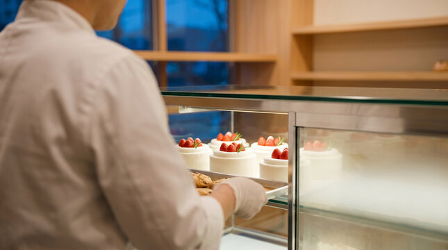 Baker placing strawberry cream Christmas cakes into a bakery display case at dawn, over the shoulder view