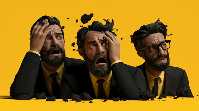A 3D illustration featuring three bearded men in dark business suits and yellow shirts against a bright yellow background; the men look frightened and bewildered.