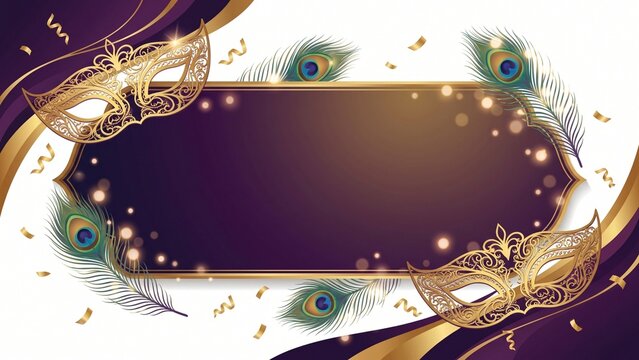 Elegant celebration background with ornate golden mask peacock feathers and copy space for party invitation banner