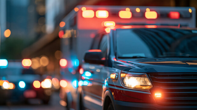 An ambulance with activated lights and a police car behind it in an urban environment, emergency response scene, law enforcement and medical cooperation, with copy space