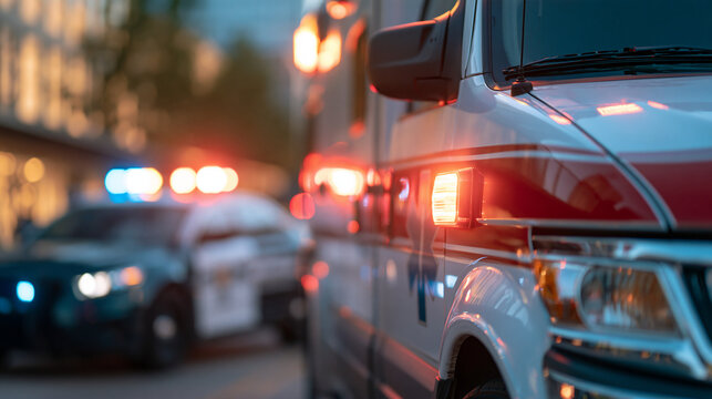 An ambulance with activated lights and a police car behind it in an urban environment, emergency response scene, law enforcement and medical cooperation, with copy space