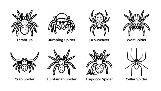 Spider Species Collection: A curated collection of eight distinct spider illustrations, each labeled with its common name, showcasing diverse arachnid forms from tarantulas to cellars spiders.