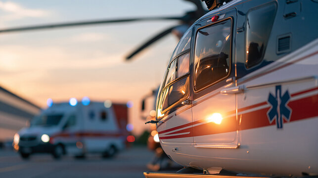 Emergency medical services scene featuring an ambulance and rescue helicopter on a tarmac, air and ground medical response, emergency evacuation concept, with copy space