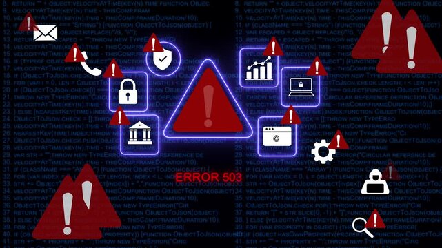 Cyber security alert error 503 service unavailable concept with digital warning and programming code background, for network infrastructure, failure, hacking threat