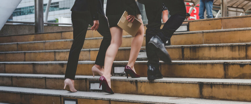 Banner Team engineer walking on stair in modern city together. Close up legs of team walk on street. Banner asian team step up, step down outside. Close up legs woman man walking city stair