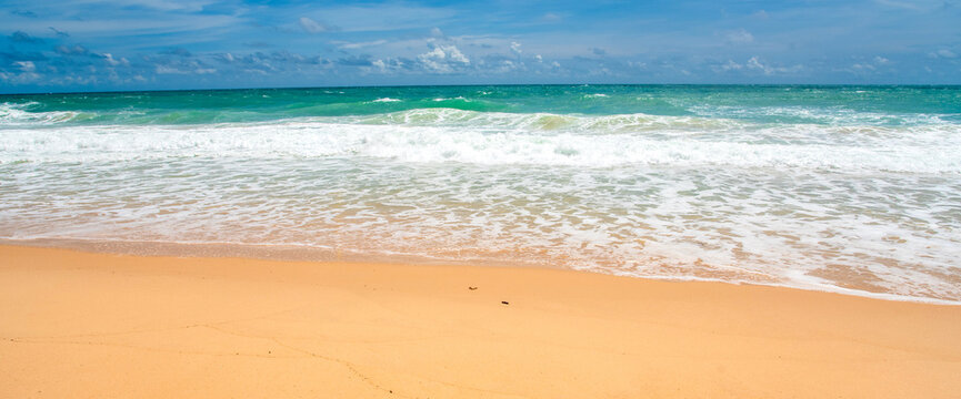 Banner Summer tropical beach white sand blue sea summertime on sunny day. Tropical sea beach in summer time. Banner Travel holidays vacation seaside turquoise. Sunny seascape scene with copy space