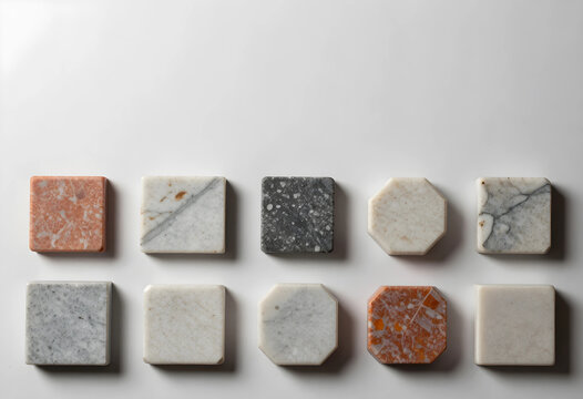 Interior design and architecture material samples, collection of natural stone and marble tiles for renovation and construction projects on white background