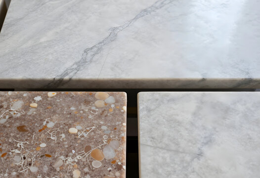 Interior design and architecture materials, marble and terrazzo stone surfaces for luxury home renovation and modern kitchen countertop construction project